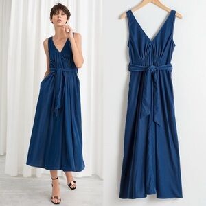 & Other Stories Belted Velvet  Midi Dress in Blue